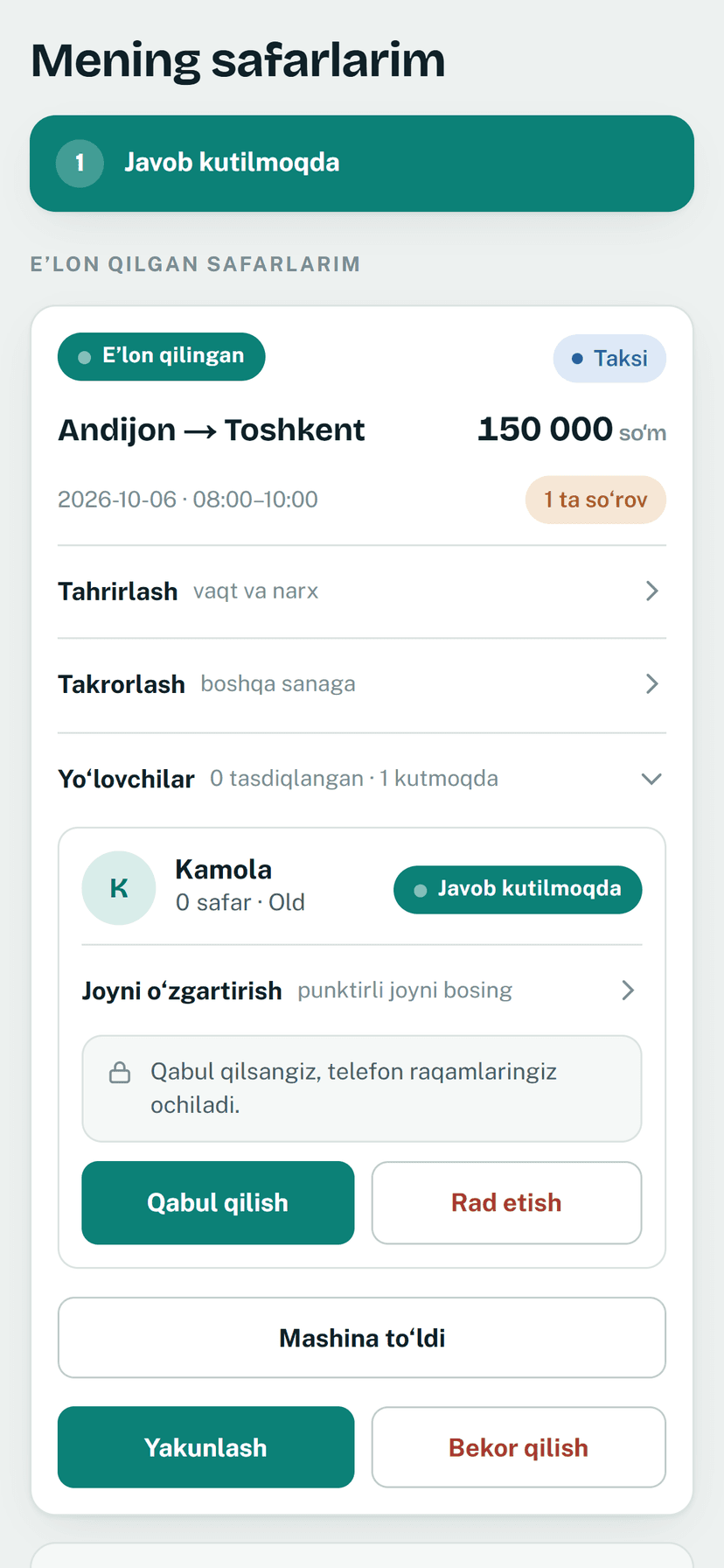 Haydovchi ekrani: yo‘lovchi so‘rovini qabul qilish yoki rad etish