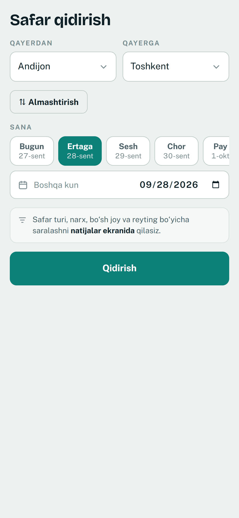 Qidiruv ekrani: qayerdan, qayerga, qaysi sana